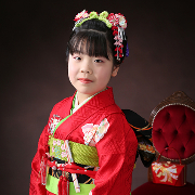 七五三7歳正絹着物レンタル　京友禅赤　日本髪　世田谷区 喜多見 狛江