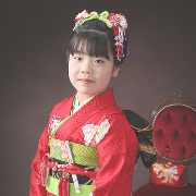 七五三7歳正絹着物レンタル　京友禅赤　日本髪　世田谷区 喜多見 狛江