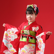 七五三7歳正絹着物レンタル　京友禅赤　日本髪　世田谷区 喜多見 狛江