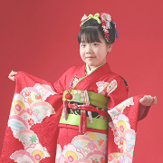 七五三7歳正絹着物レンタル　京友禅赤　日本髪　世田谷区 喜多見 狛江