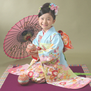 七五三7歳正絹着物レンタル　水色　世田谷区 喜多見 狛江