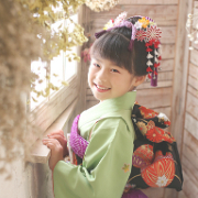 七五三7歳正絹着物レンタル　グリーン　日本髪　世田谷区 喜多見 狛江