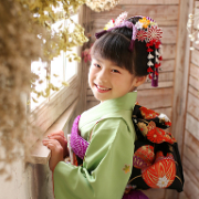 七五三7歳正絹着物レンタル　グリーン　日本髪　世田谷区 喜多見 狛江