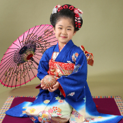 七五三7歳正絹着物レンタル　青　日本髪　世田谷区 喜多見 狛江