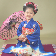 七五三7歳正絹着物レンタル　青　日本髪　世田谷区 喜多見 狛江