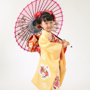 七五三7歳正絹着物レンタル　黄色　日本髪　世田谷区喜多見狛江