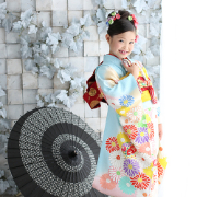 七五三7歳正絹着物レンタル　手書き友禅水色　世田谷区喜多見狛江