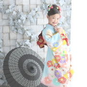 七五三7歳正絹着物レンタル　手書き友禅水色　世田谷区喜多見狛江