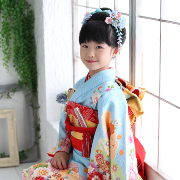 七五三7歳正絹着物レンタル　水色　日本髪　世田谷区喜多見狛江