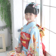 七五三7歳正絹着物レンタル　水色　日本髪　世田谷区喜多見狛江
