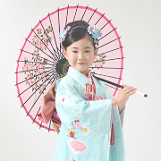 七五三7歳正絹着物レンタル　水色　世田谷区喜多見狛江