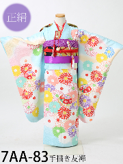 七五三7才正絹着物レンタル 手描き友禅 水色