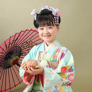 七五三7歳着物レンタル　エメラルドグリーン　世田谷区喜多見狛江