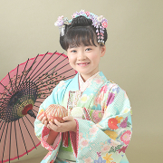 七五三7歳着物レンタル　エメラルドグリーン　世田谷区喜多見狛江